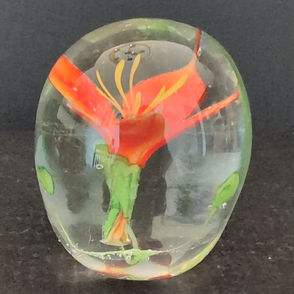 VGT,Hand blown Art Glass Paperweight Encased with a  Bird of Paradise Flower.
